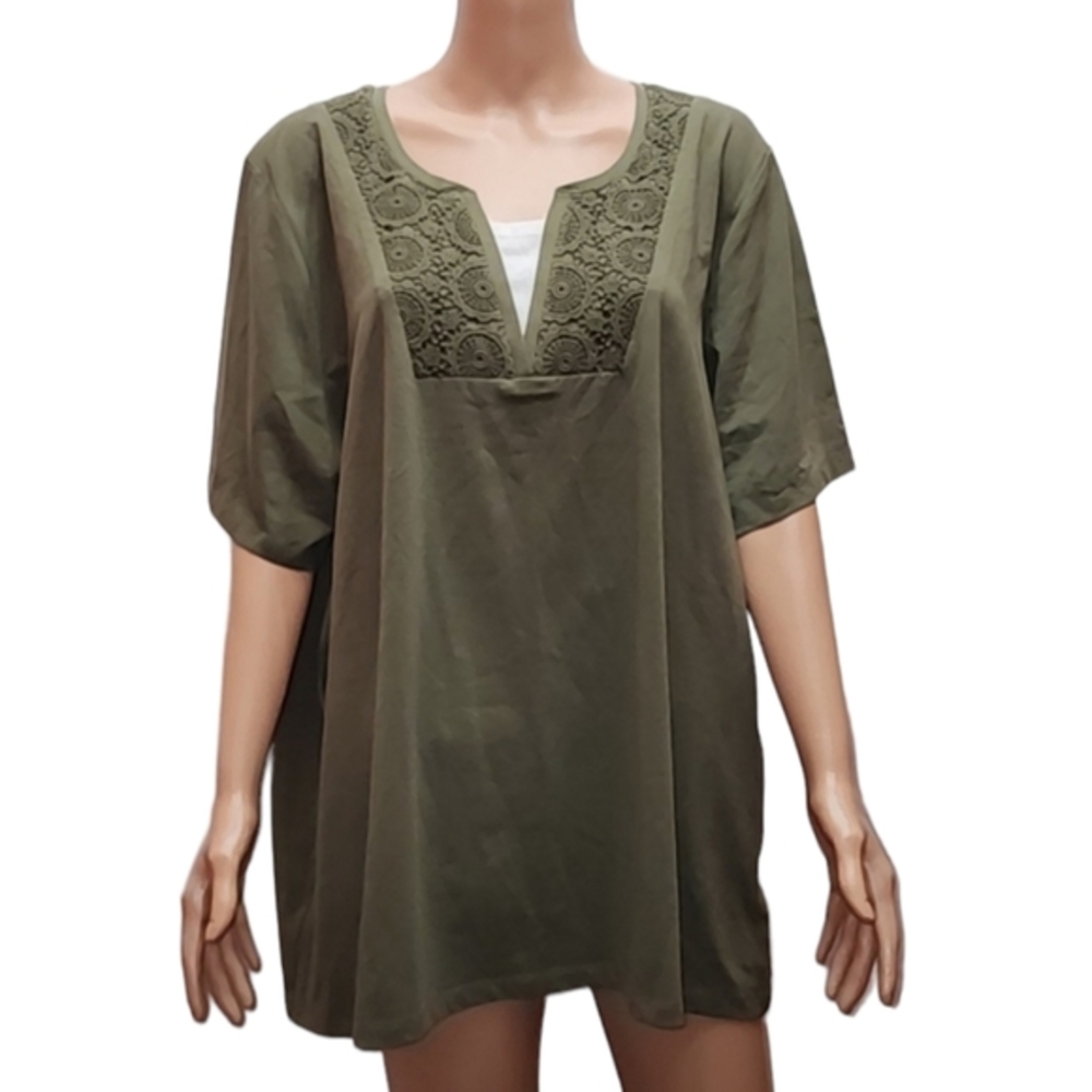 Catherines Women's Plus Sz 2X Green V Neck Tee Stretch Casual Short Sleeve
